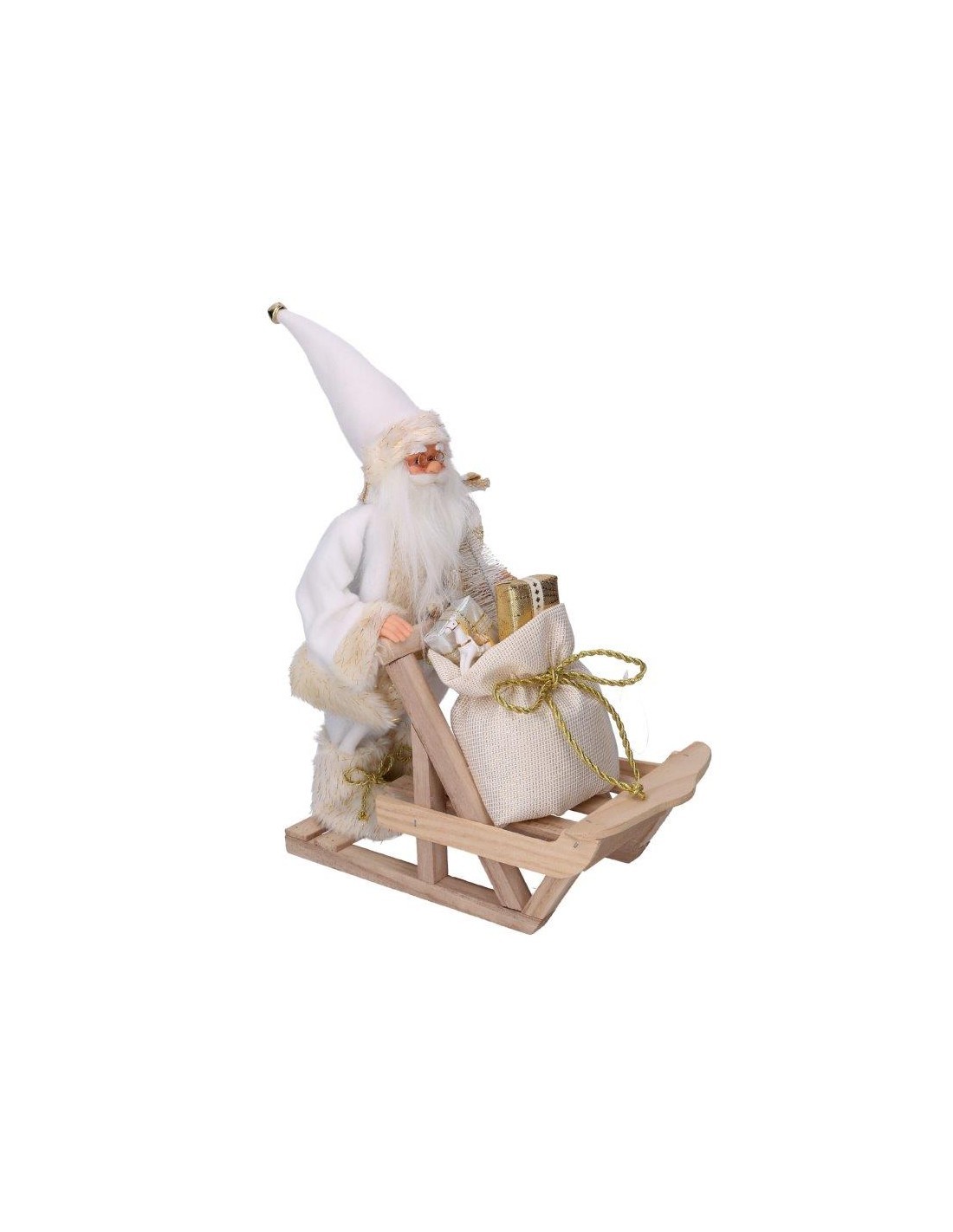 BABBO NATALE CON SLITTA TESSUTO BIANCO/ORO 33X12X30CM su TreG Ingrosso