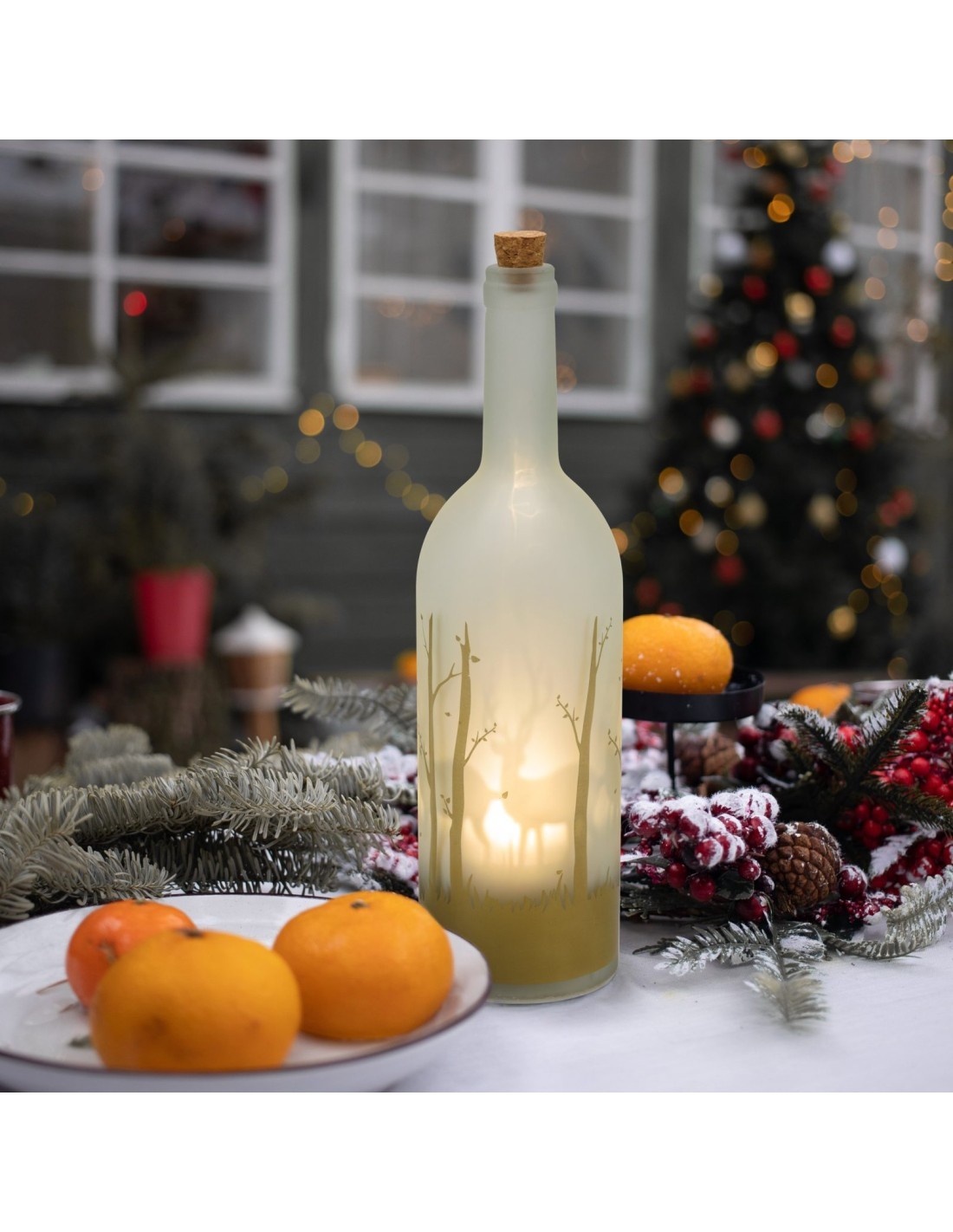 BOTTIGLIA MAGIC Ø9XH34CM MGR VETRO BIANCO DECORATO BOSCO ORO, ILLUM...
