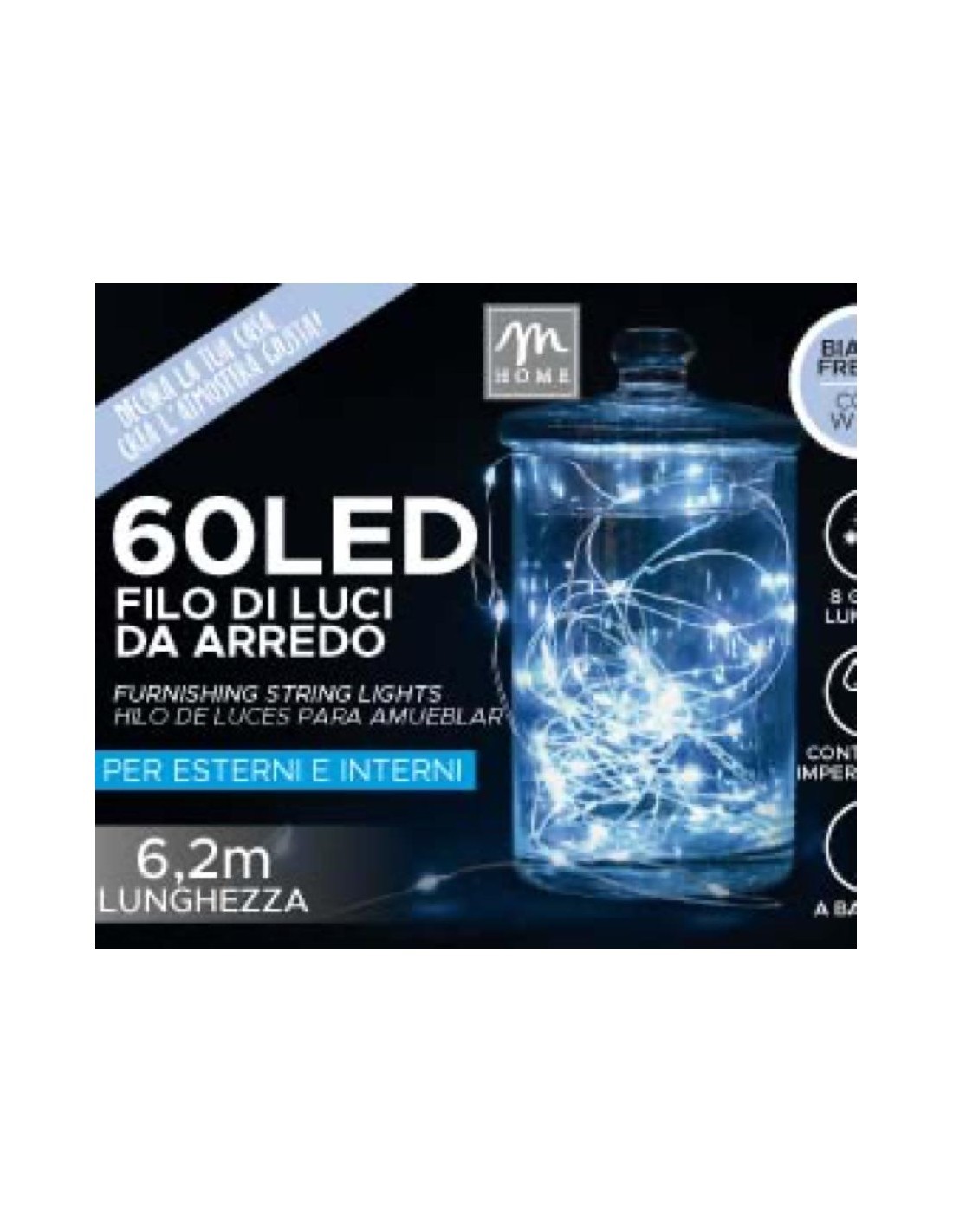 FILO 60 LED BIANCO A BATTERIA DA ESTERNO CON 8 GIOCHI IN ESPOSITORE...