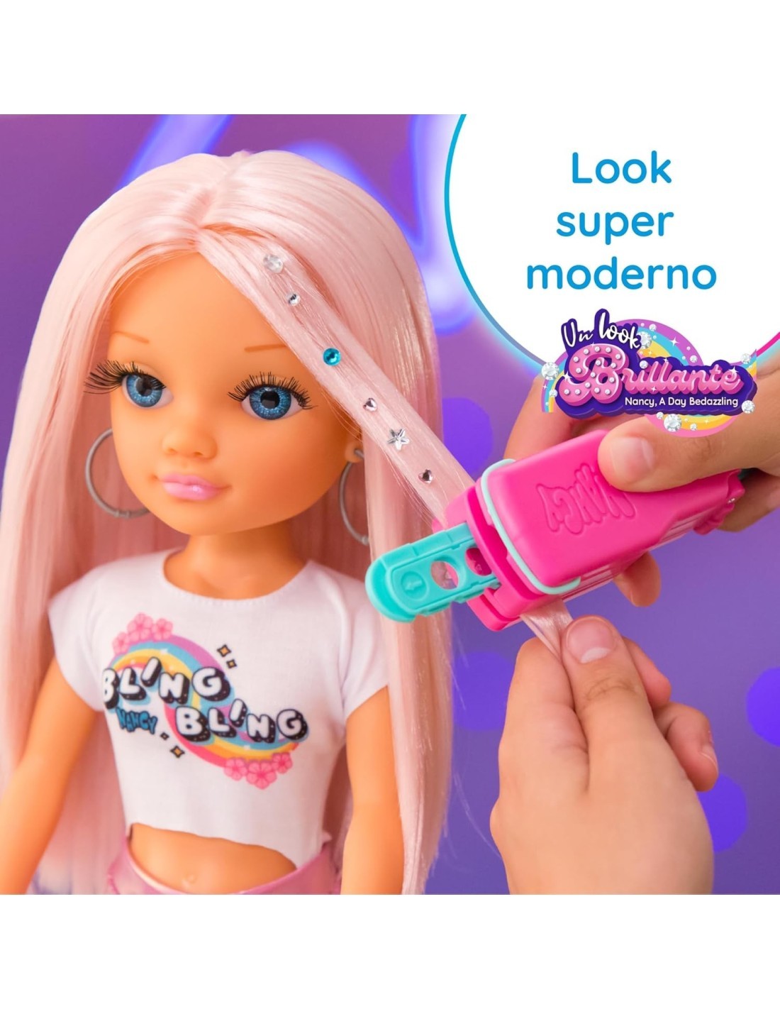 Nancy Look Brillante, Bambola Con Capelli Rosa, Accessori Per Decorare I Capelli, 80 Gemme Colorate, Bambine Dai 3 Anni, Famosa