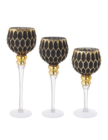 Set di Natale 3 Portacandele Rachel Nero/Oro, Calice per Decorazioni di Natale e Tavola Raffinata