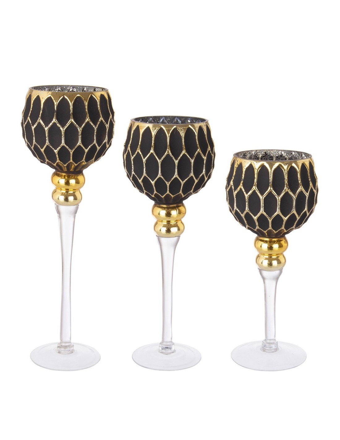 Set di Natale 3 Portacandele Rachel Nero/Oro, Calice per Decorazioni di Natale e Tavola Raffinata