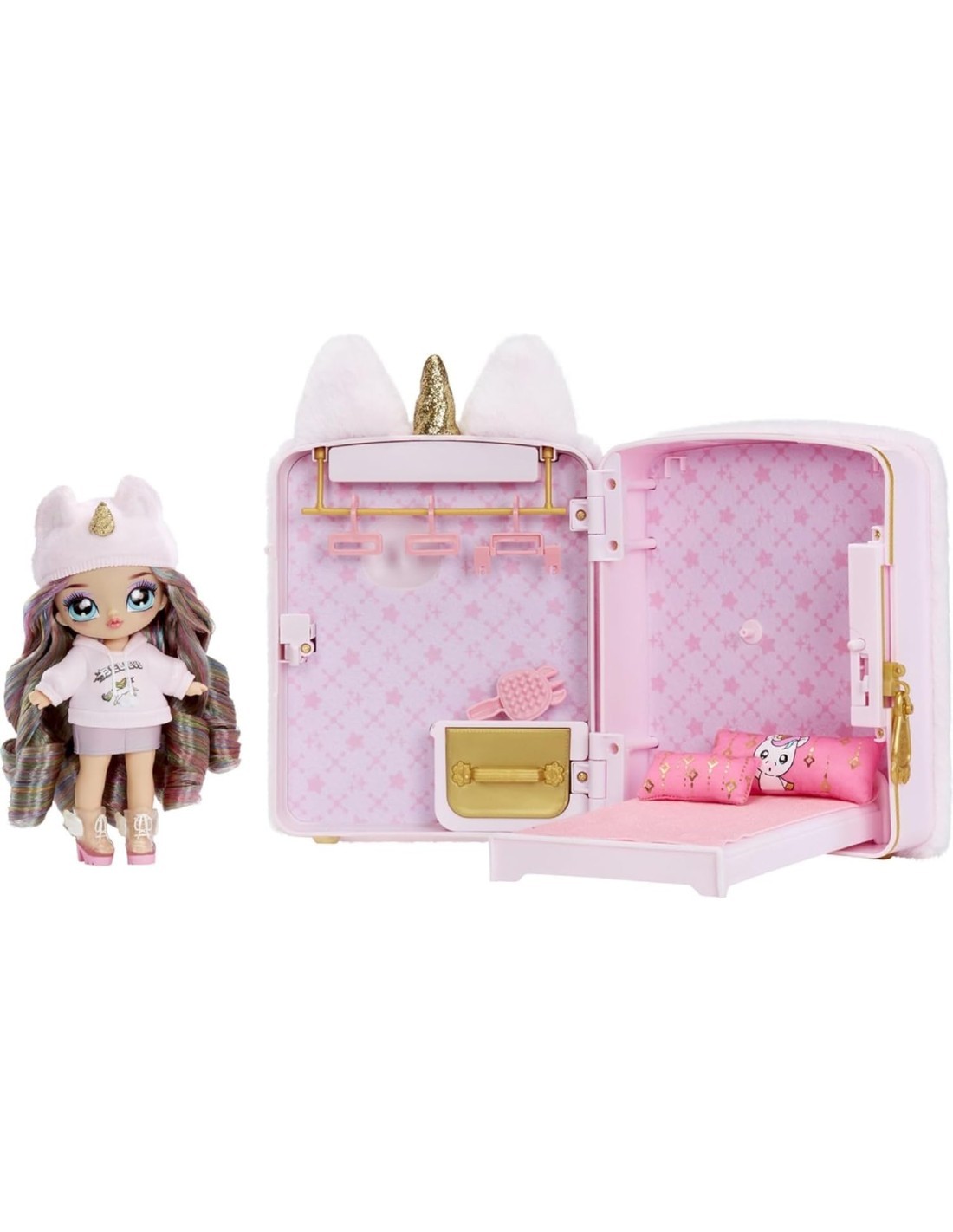 Na Na Na Surprise 3-in-1 Backpack Bedroom Unicorn Playset con Bambola Britney Sparkles, Zaino Unicorno Fuzzy Rosa