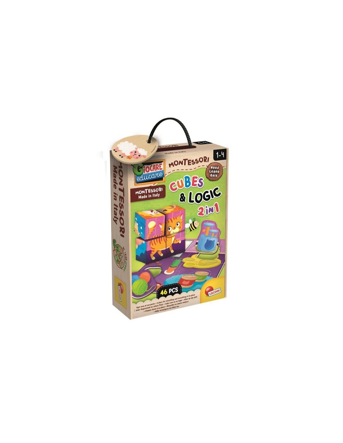 Montessori Cubi e Logica 3 in 1, Esercita la Logica, 4 Cubi in Legno, Puzzle Animali, 6 Cartelle, 18 Elementi Sagomati