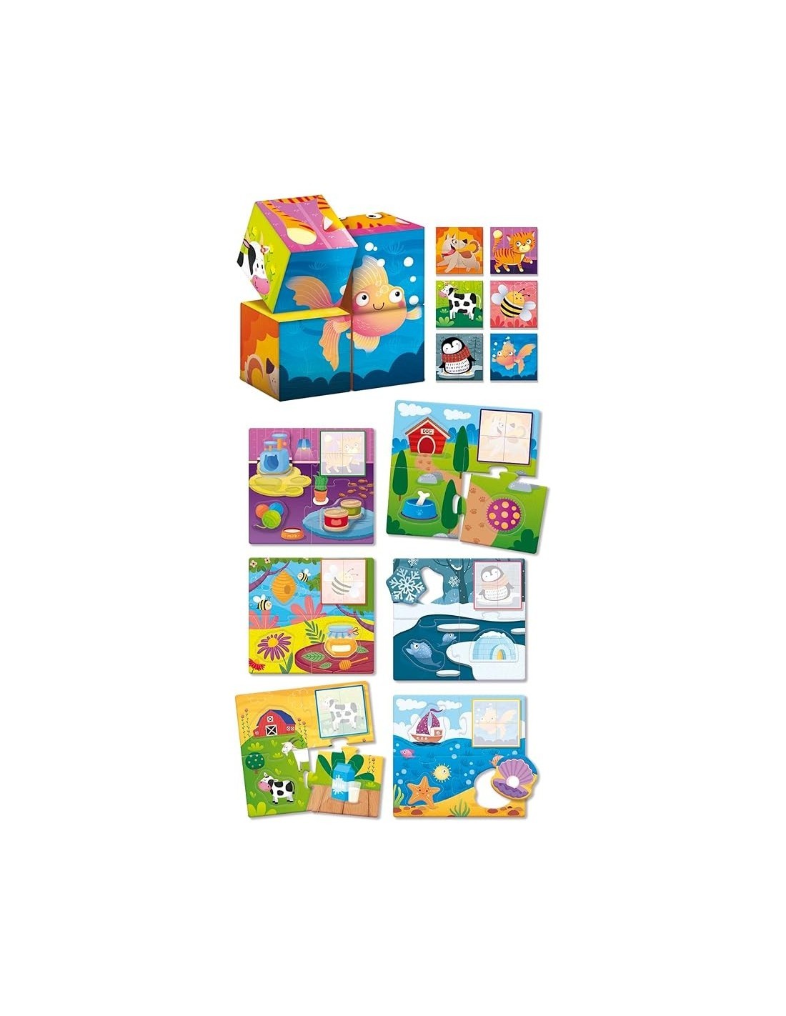 Montessori Cubi e Logica 3 in 1, Esercita la Logica, 4 Cubi in Legno, Puzzle Animali, 6 Cartelle, 18 Elementi Sagomati