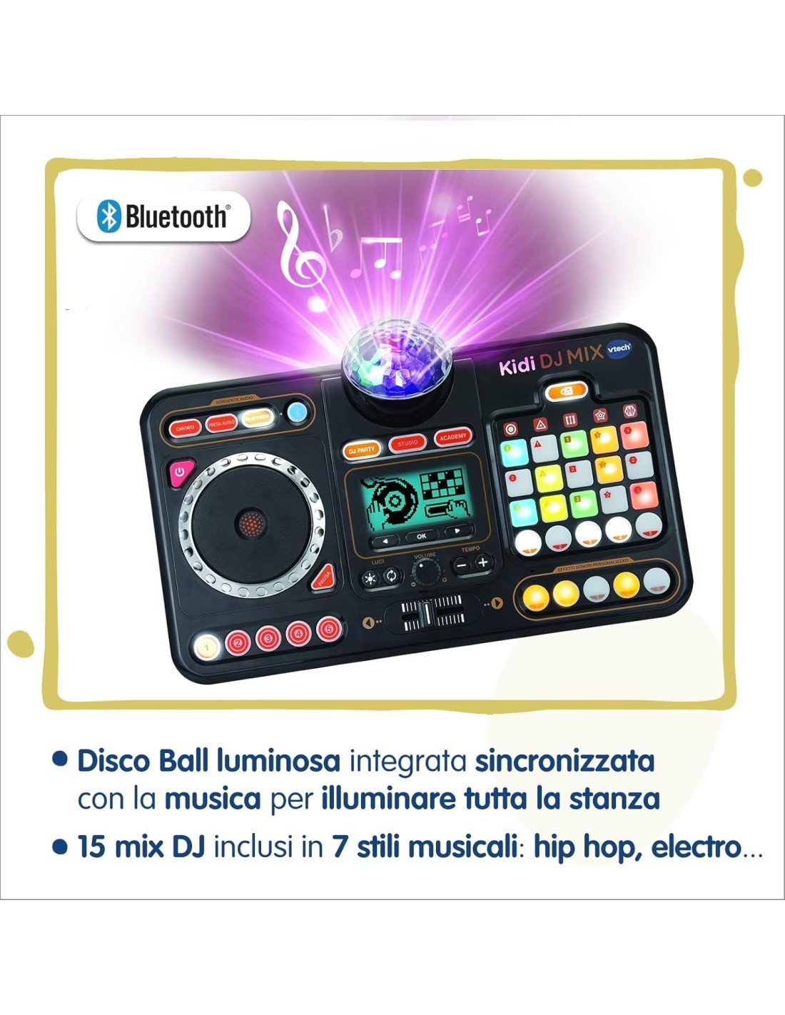 Mixer DJ 80 Kidistar, Console DJ con Luci, Microfono Incorporato, Bluetooth, 15 Tasti Luminosi, 15 Mix Inclusi