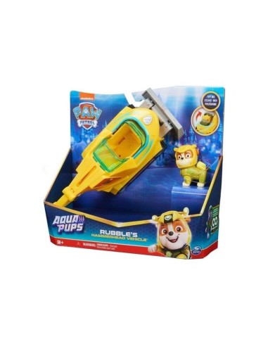 Paw Patrol, veicolo trasformabile Aqua Pups di Rubble, personaggio Rubble incluso, giochi per bambini 3 anni, avventure marine