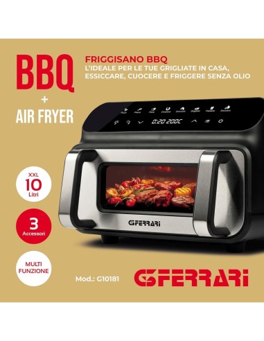G3 Ferrari G10181 Friggitrice e Griglia ad Aria BBQ, 2000W, 10 Litri XXL, 8 Programmi, Doppia Resistenza, Multifunzione