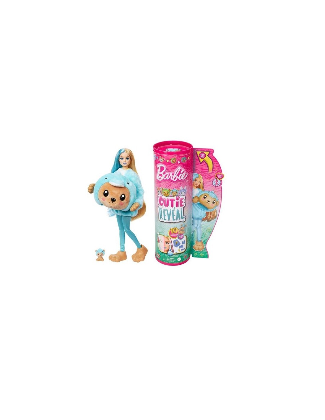BARBIE Bambola con Costume di Peluche da Orsacchiotto Delfino e 10 Accessori a Sorpresa Cambia Colore 3+ anni