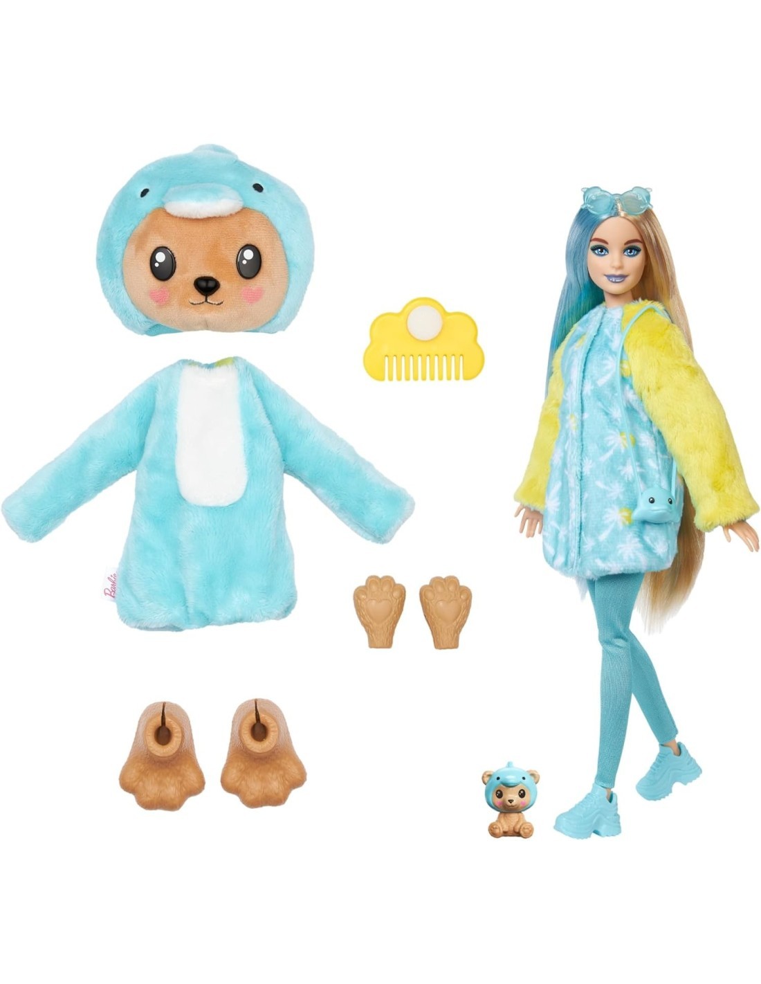 BARBIE Bambola con Costume di Peluche da Orsacchiotto Delfino e 10 Accessori a Sorpresa Cambia Colore 3+ anni