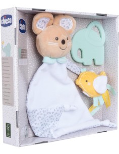 Chicco Set Regalo Nascita My Sweet DouDou - Copertina Topolino, Portaciuccio Velluto, Massaggiagengive Elefantino