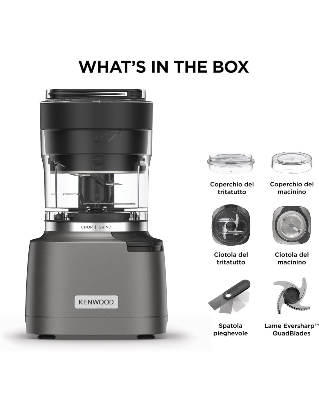 Kenwood Duo Prep CHP80.000SI tritatutto e macinino 2-in-1 800W lame Quadblades argento
