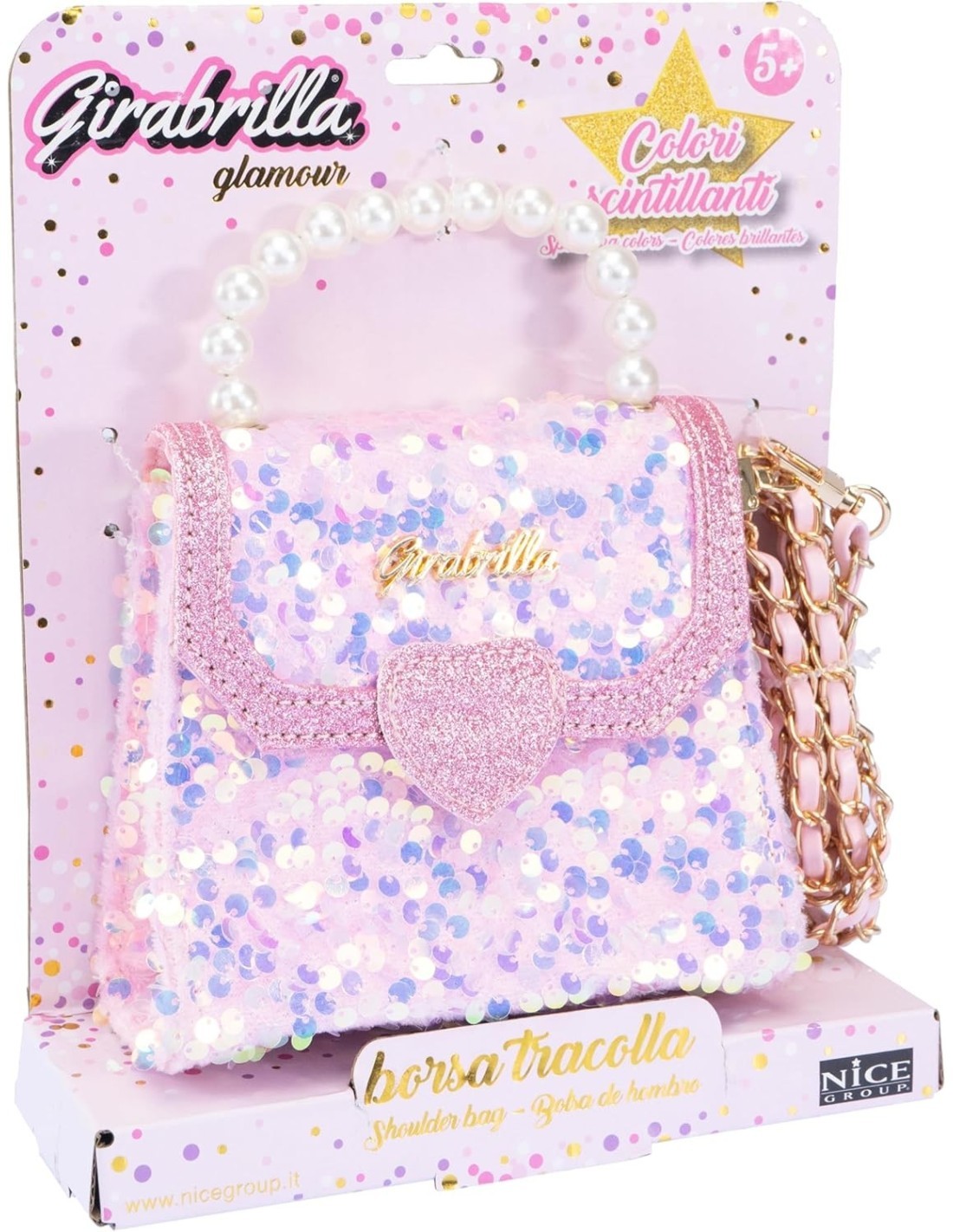 Girabrilla Fashion Bauletto, Borsetta Pochette con Maniglia di Perle e Tracolla, Paillettes Reversibili, Nice Group