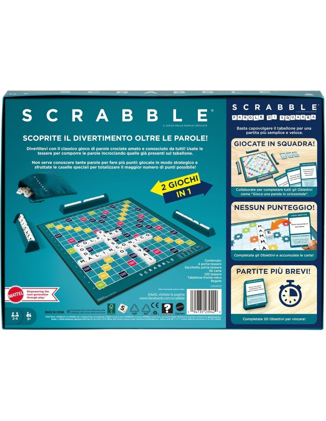 MATTEL GAMES, SCRABBLE, GIOCO DA TAVOLO PAROLE, DOPPIO TABELLONE, 8+ ANNI