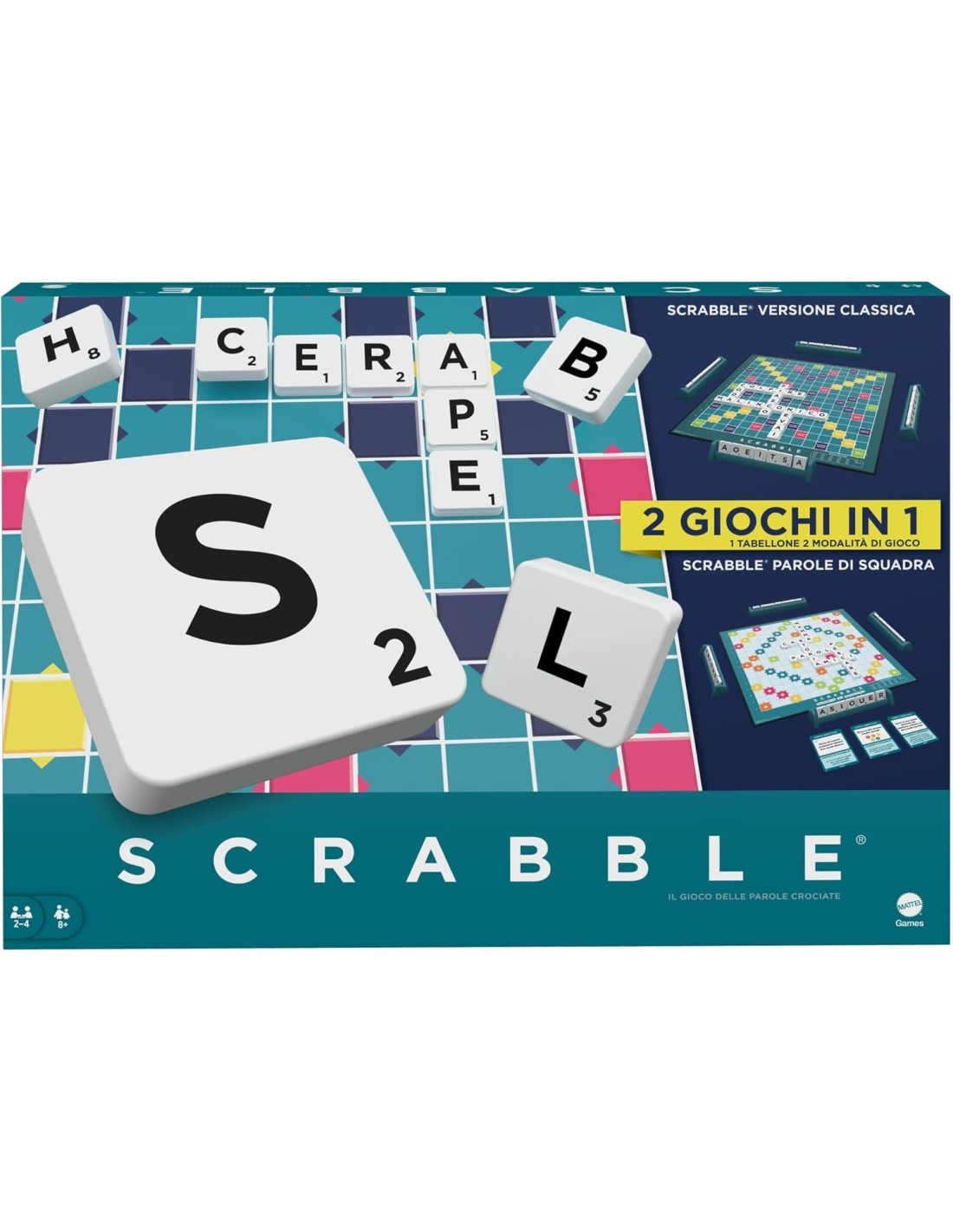MATTEL GAMES, SCRABBLE, GIOCO DA TAVOLO PAROLE, DOPPIO TABELLONE, 8+ ANNI