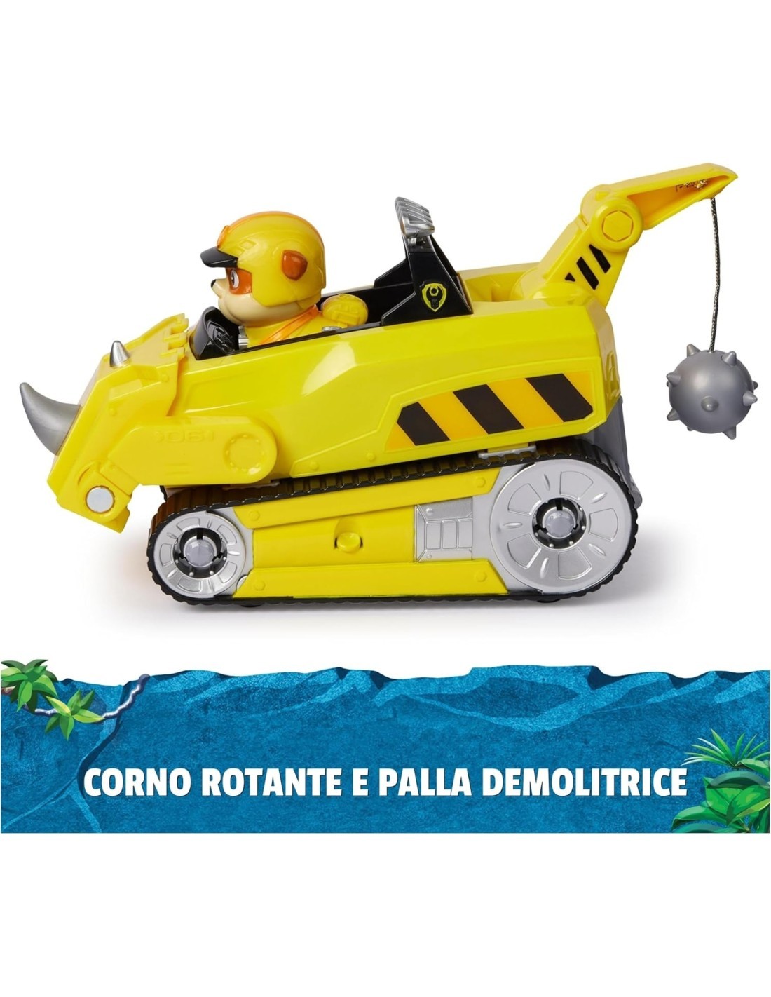 PAW Patrol Jungle Pups, Veicolo Rinoceronte di Rubble, Veicolo Giocattolo con Personaggio Rubble da Collezione