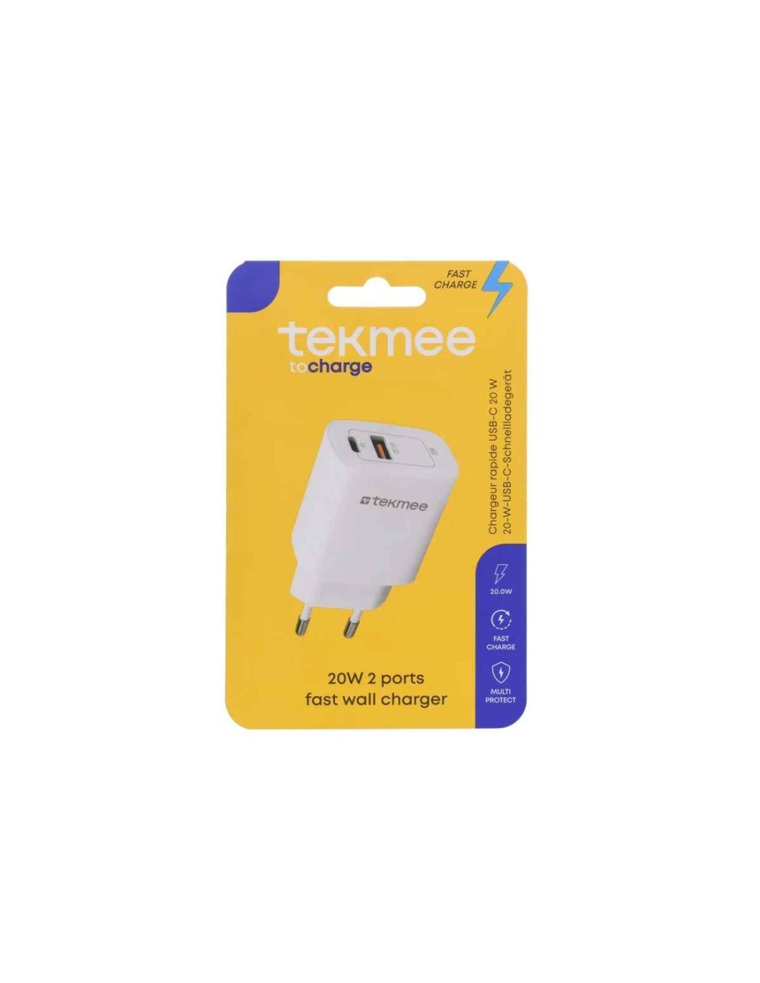 Tekmee Caricabatteria rapido da muro con 2 porte USB-C e USB-A 20W