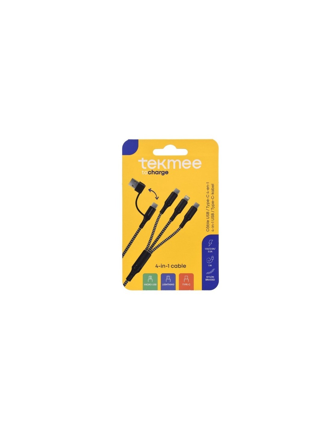 Tekmee Cavo da 1 metro USB TYPE C a 4 uscite rivestito in Nylon, compatibile con smartphone iPhone, Samsung e Android