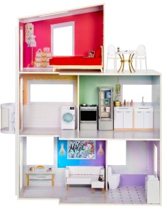 Rainbow High Townhouse, Casa delle Bambole in Legno, 3 Piani, 5 Stanze, Patio, Ascensore, Arredata, Accessori, Età 4+