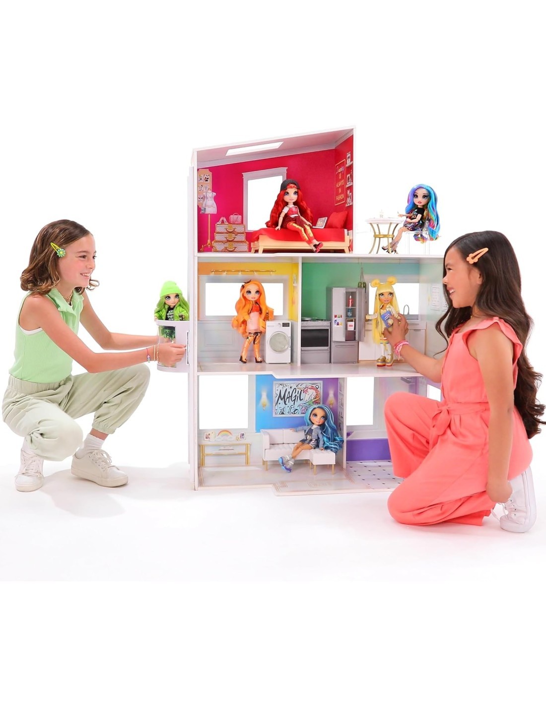 Rainbow High Townhouse, Casa delle Bambole in Legno, 3 Piani, 5 Stanze, Patio, Ascensore, Arredata, Accessori, Età 4+