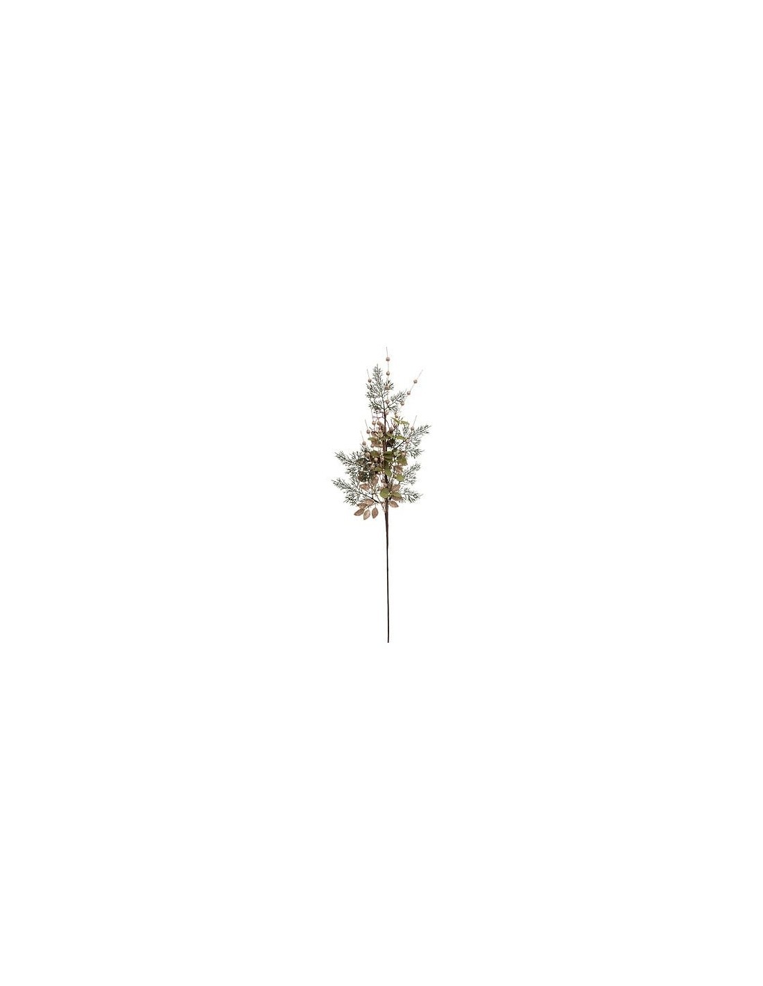 Ramo Decorativo di Natale con Foglie Verdi, 75cm, Perline Dorate, Foglie Glitterate Champagne