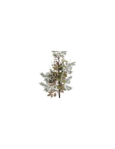 Ramo Decorativo di Natale con Foglie Verdi, 75cm, Perline Dorate, Foglie Glitterate Champagne