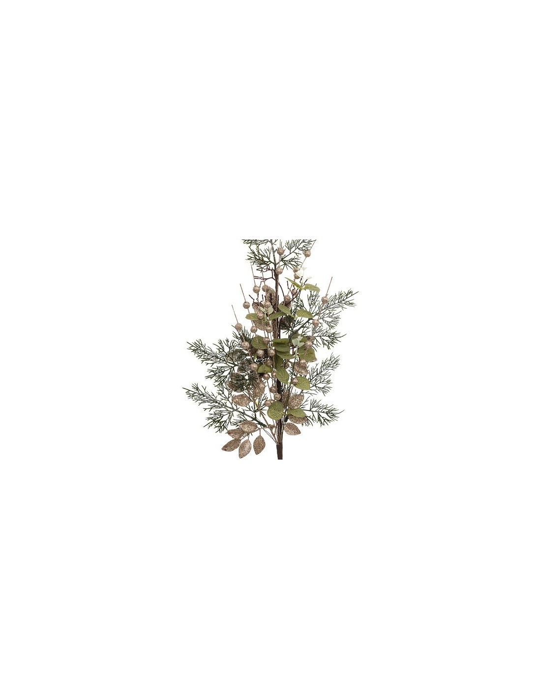 Ramo Decorativo di Natale con Foglie Verdi, 75cm, Perline Dorate, Foglie Glitterate Champagne