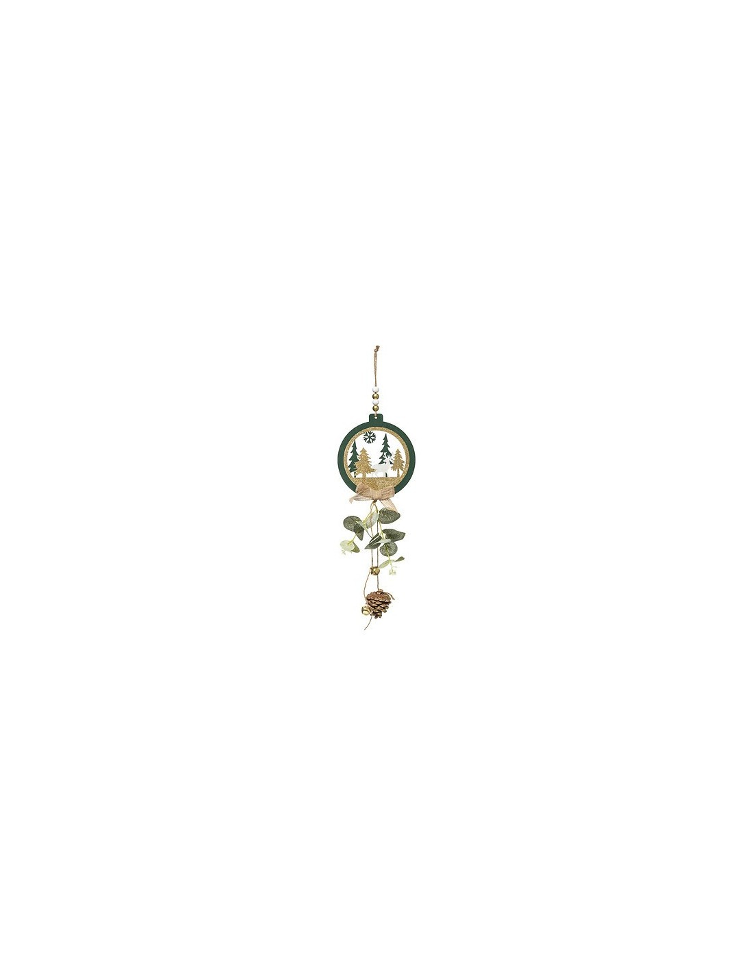 Pendente Natalizio di Natale 15x41cm, Tondo Verde o Stella Rossa, Finitura Glitter Champagne, Campanelli e Pigna