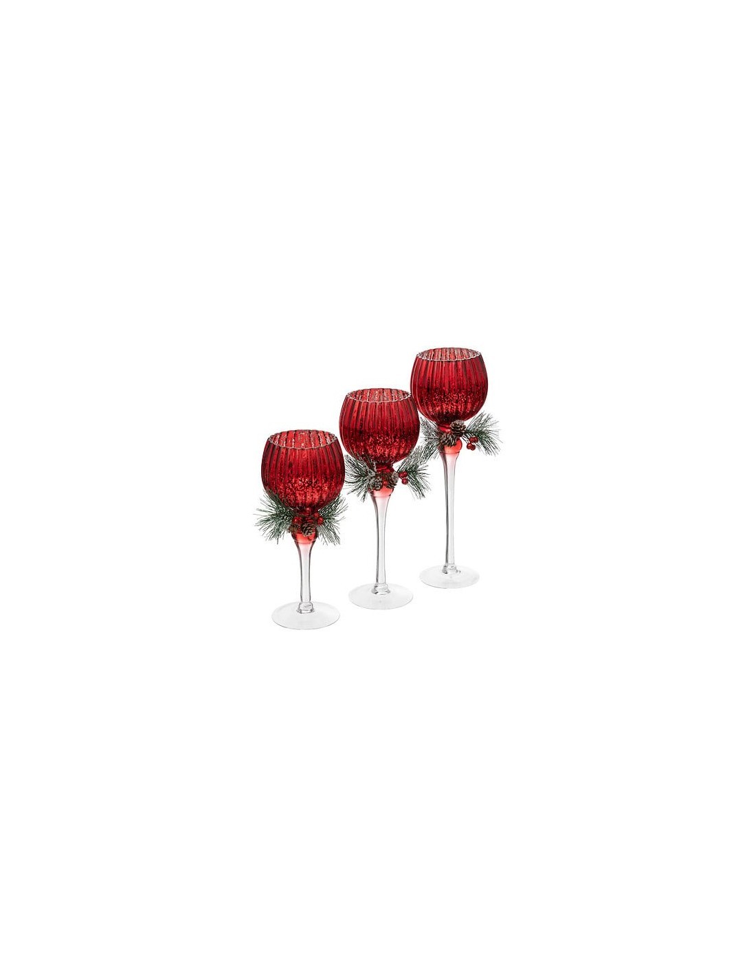 Set di 3 Calici Natalizi Rossi con Ghirlanda, Fotofore in Vetro di Diverse Dimensioni, 30-40cm, Decorazione Natalizia