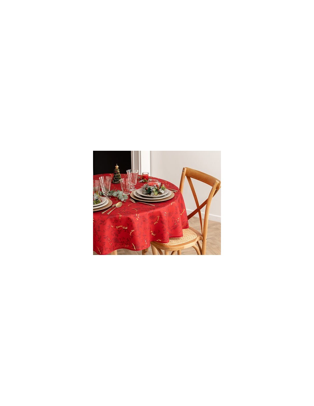 Tovaglia di Natale 180 cm, Rosso/Oro, Antimacchia, Elegante, Festiva, Perfetta per la Tavola delle Feste