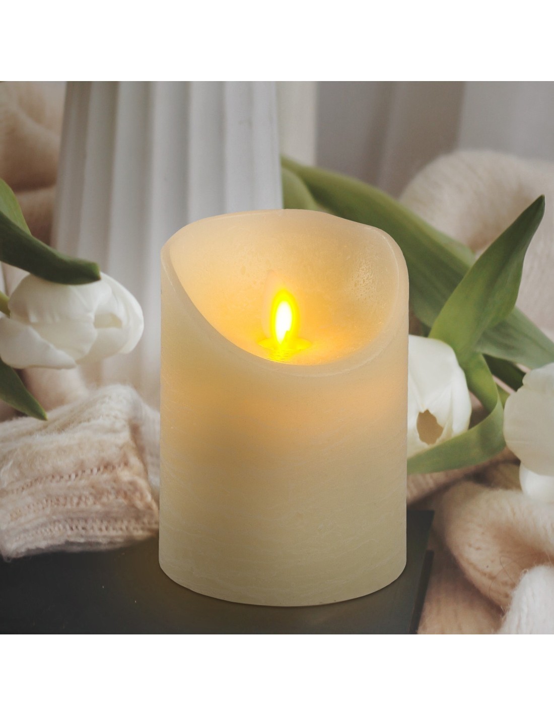 Candela Avorio Moving Flame Ø7,5xH10cm con Fiamma in Movimento - Timer 6-18h