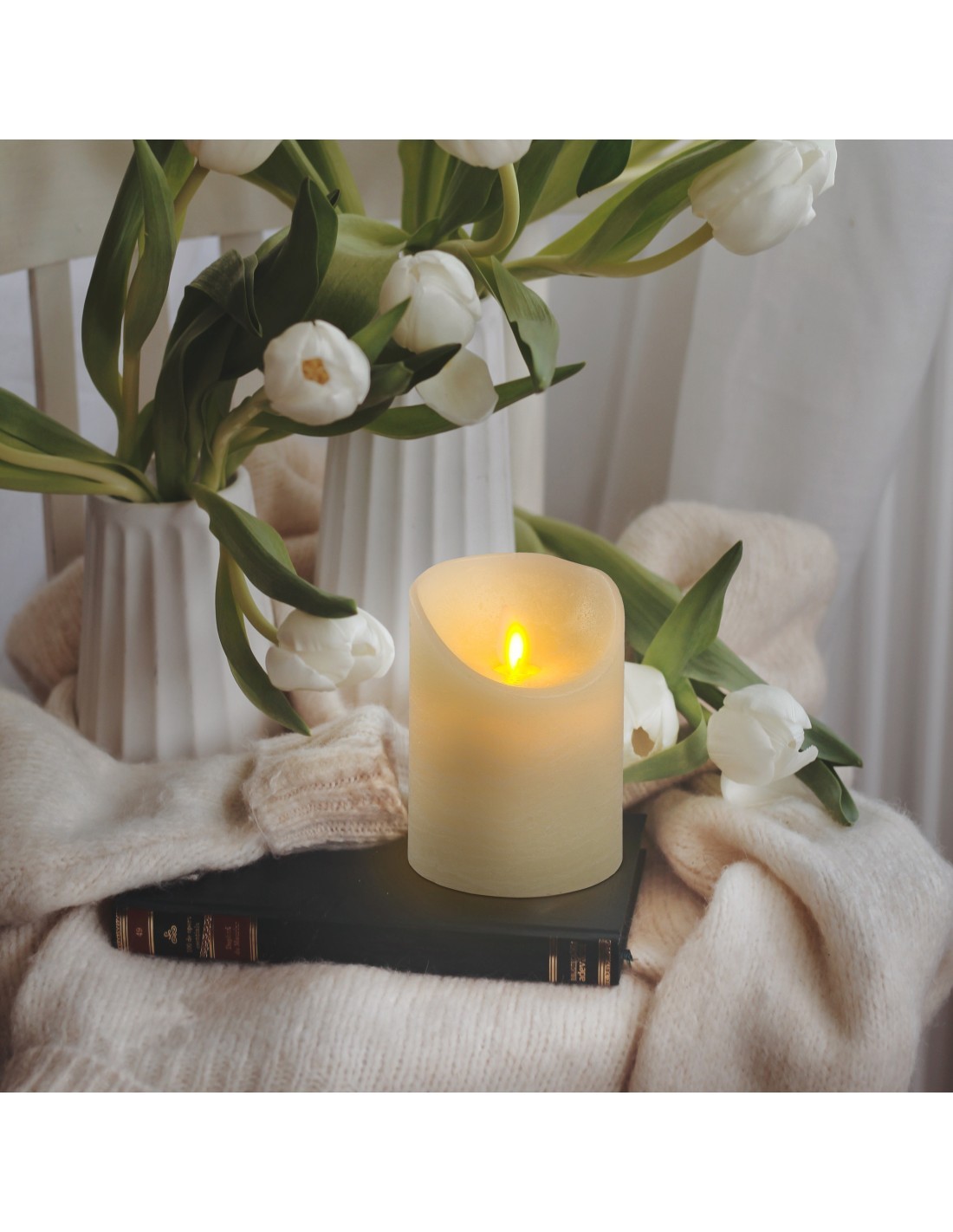 Candela Avorio Moving Flame Ø7,5xH10cm con Fiamma in Movimento - Timer 6-18h
