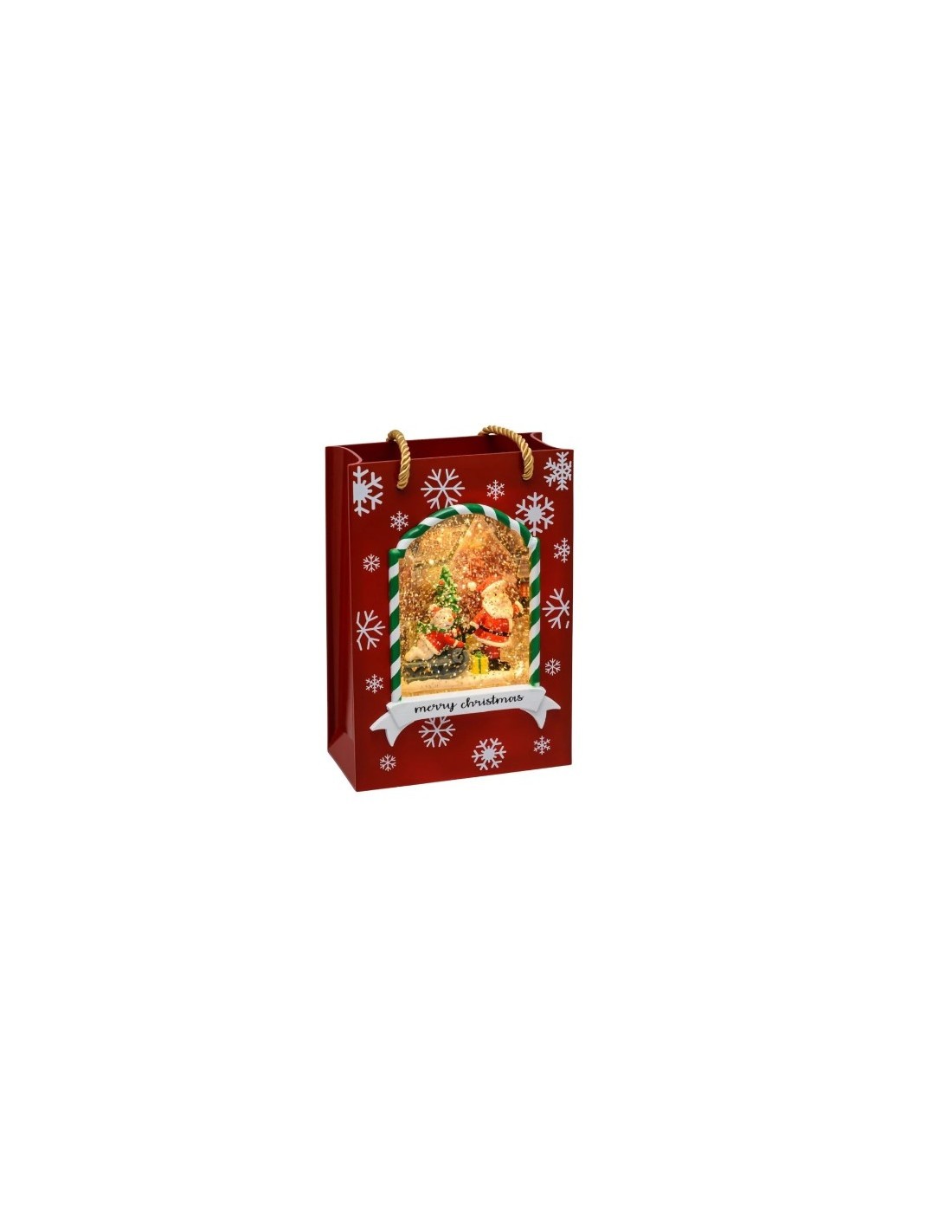 Borsa Shopper Natalizia con Babbo Natale e Pupazzo su Slittino Rosso con LED e Glitter H22cm