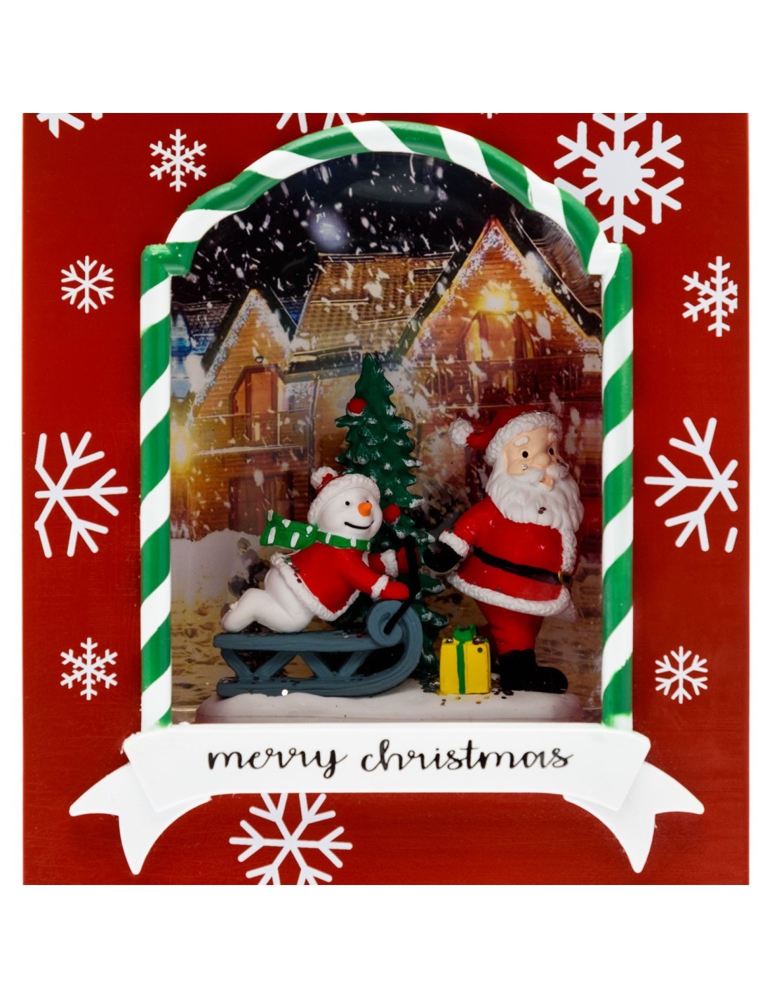 Borsa Shopper Natalizia con Babbo Natale e Pupazzo su Slittino Rosso con LED e Glitter H22cm
