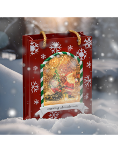 Borsa Shopper Natalizia con Babbo Natale e Pupazzo su Slittino Rosso con LED e Glitter H22cm
