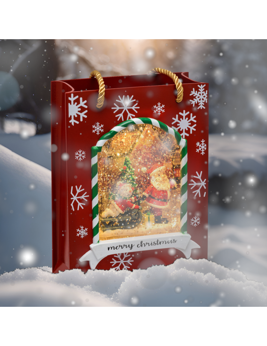 Borsa Shopper Natalizia con Babbo Natale e Pupazzo su Slittino Rosso con LED e Glitter H22cm