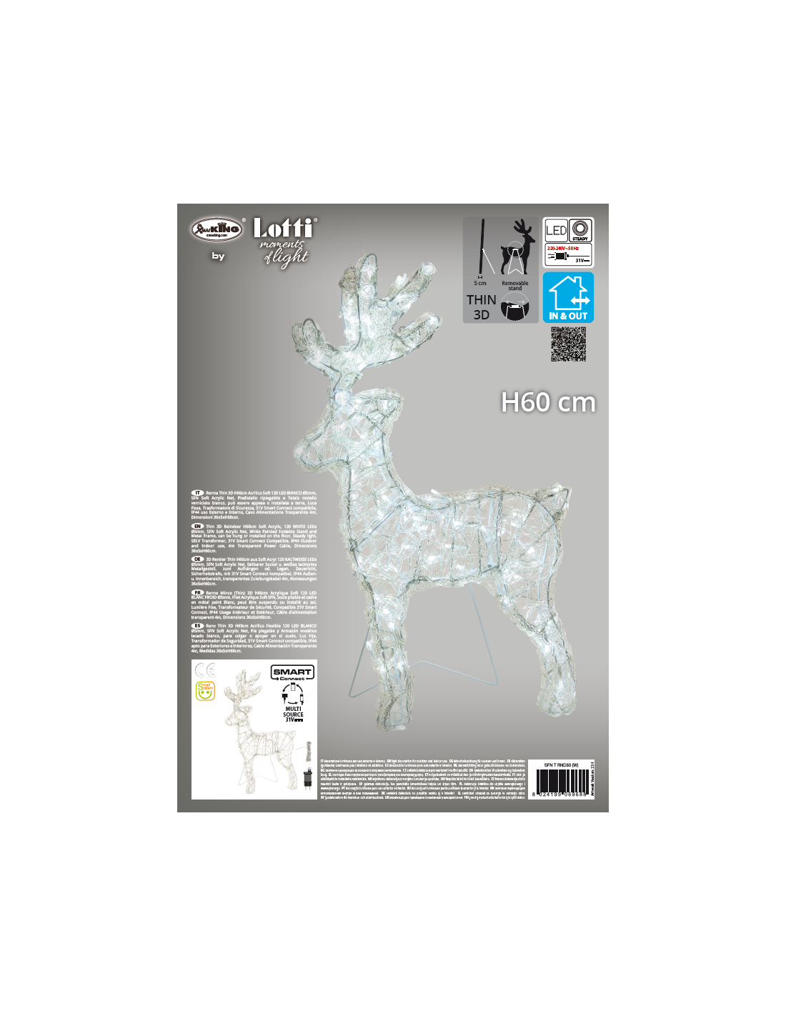 Renna di Natale Thin 3D H60cm: La Magia di Natale con 120 LED