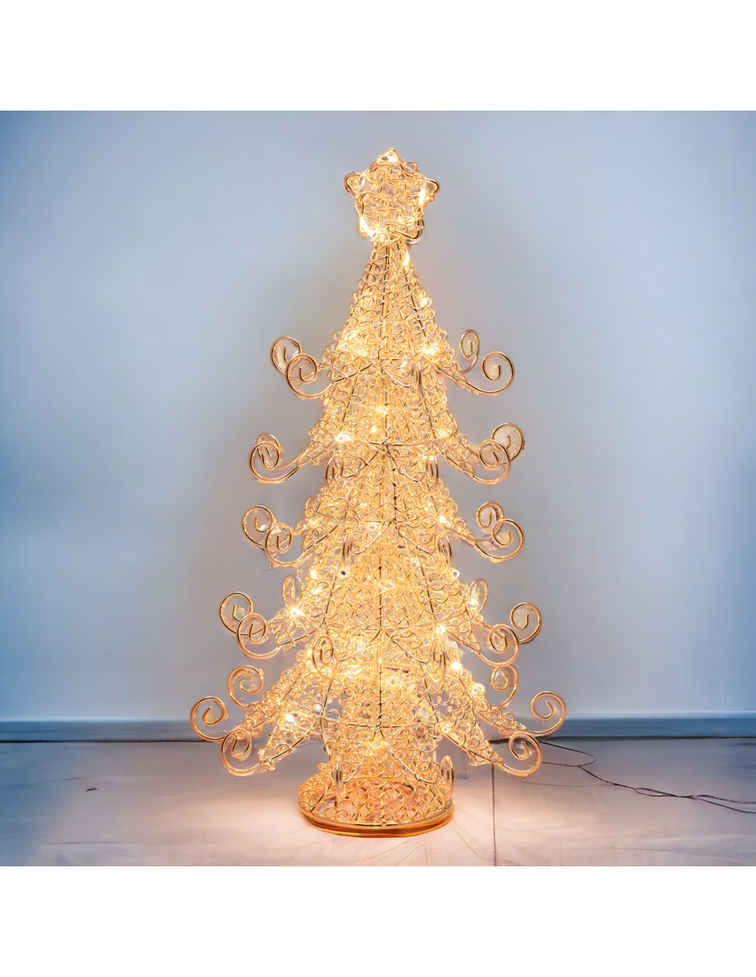 Albero Natale Abete Metallo H35cm, Filo Rame Lucido, 55 MicroLED Bianco Caldo