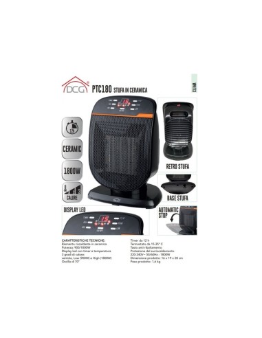 Stufa in Ceramica, Potenza 900/1800W, Timer 12h, Termostato 15-35°C, Oscillazione 70°, 16x19x28 cm, 1,6 kg