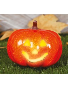 Zucca con Luce 16 cm, Colore Arancio, Decorazione Halloween