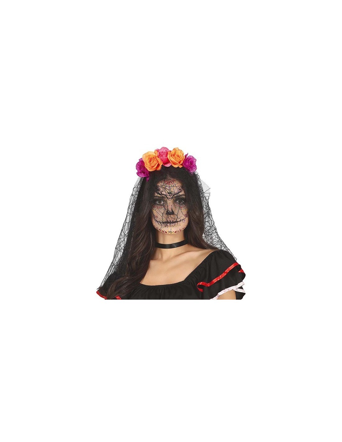Cerchietto Fiori e Velo, Tema Halloween, Sposa Messicana
