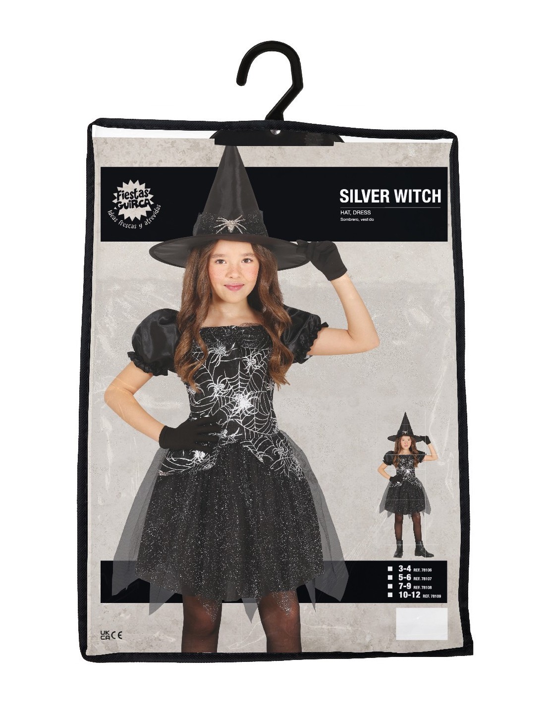 Costume Silver Witch, Sombrero e Abito, taglia 3-4 anni Tema Streghe, Halloween