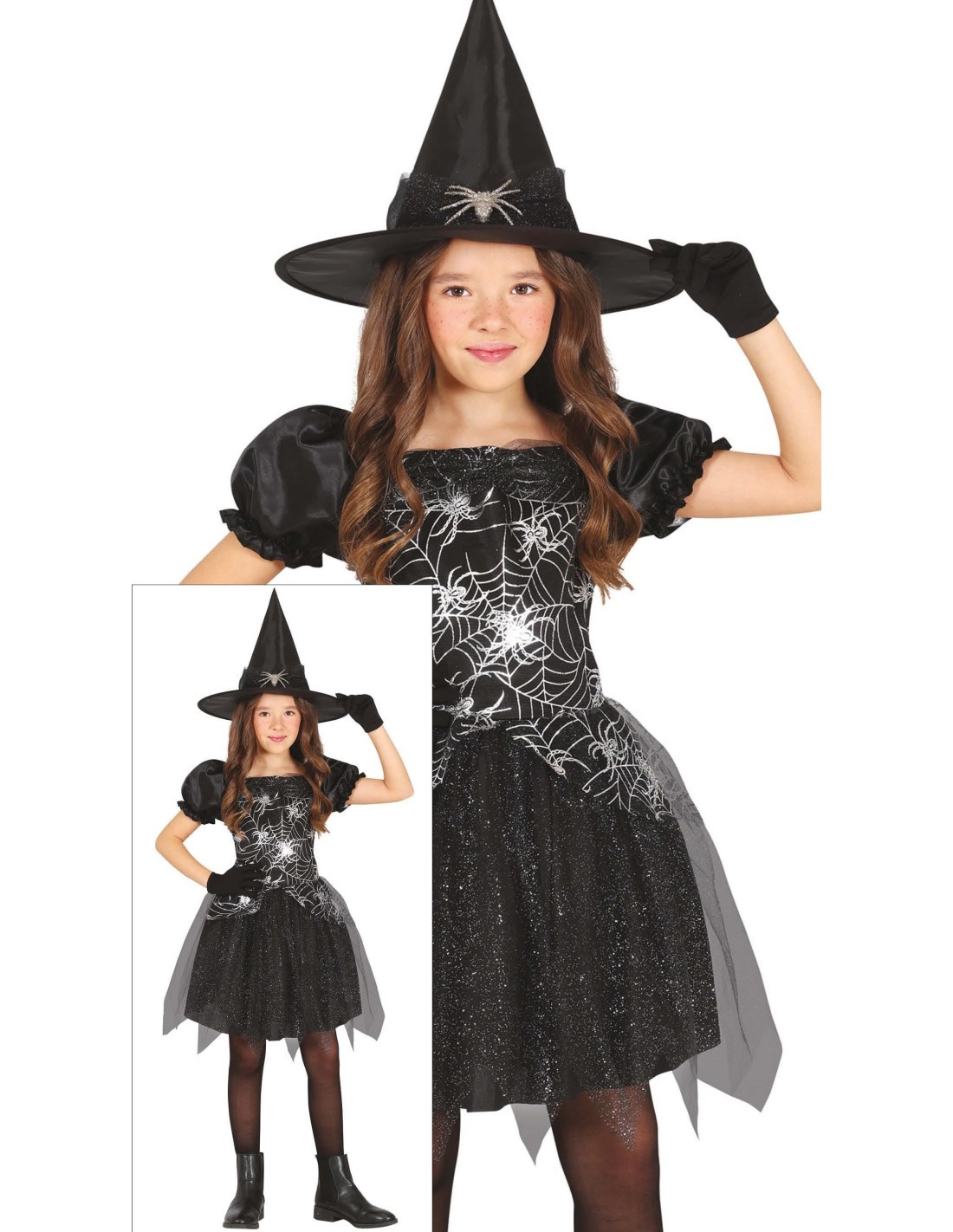 Costume Silver Witch, Sombrero e Abito, taglia 7-9 anni  Tema Streghe, Halloween