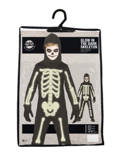 Costume Scheletro Luminoso al Buio, Taglia 3-4 Anni, Body, Cappuccio, Tema Halloween