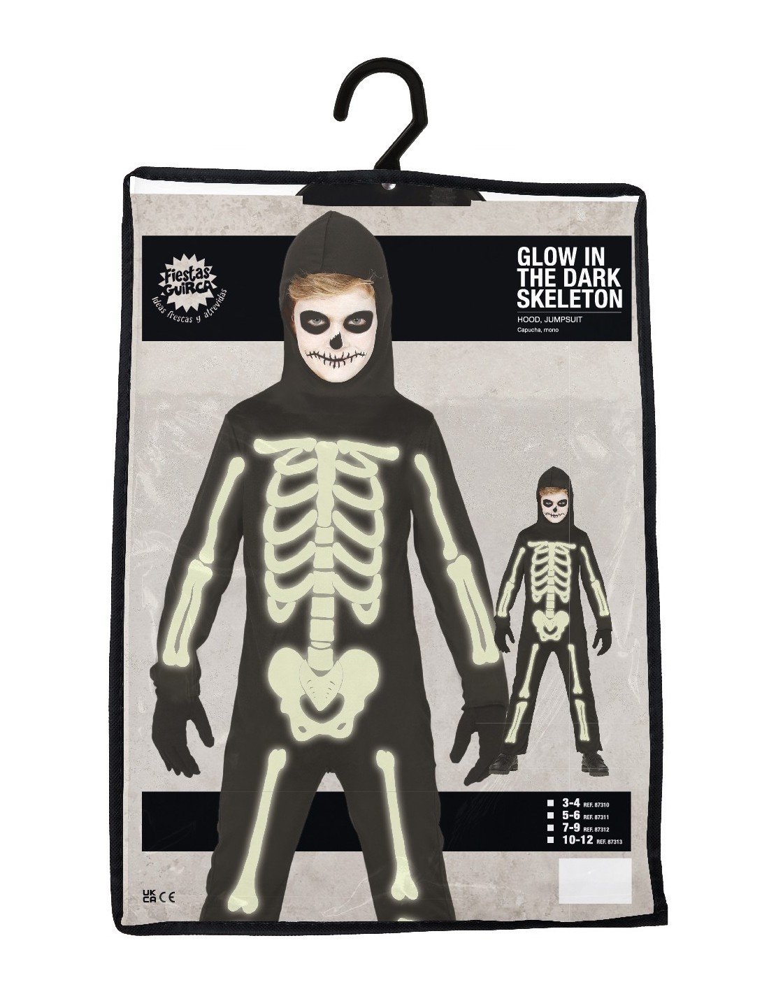 Costume Scheletro Luminoso al Buio, Taglia 3-4 Anni, Body, Cappuccio, Tema Halloween