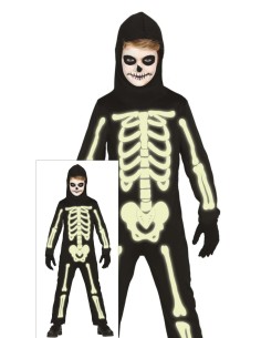 Costume Scheletro Luminoso al Buio, Taglia 3-4 Anni, Body, Cappuccio, Tema Halloween