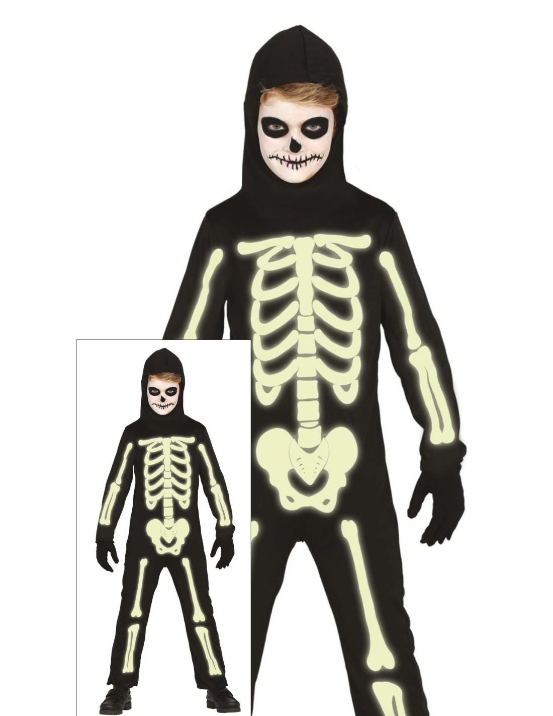 Costume Scheletro Luminoso al Buio, Taglia 3-4 Anni, Body, Cappuccio, Tema Halloween