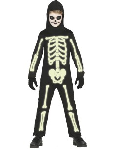 Costume Scheletro Luminoso al Buio, Taglia 3-4 Anni, Body, Cappuccio, Tema Halloween