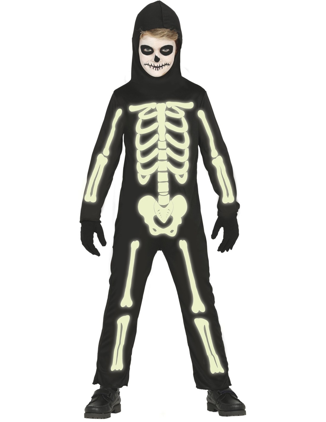 Costume Scheletro Luminoso al Buio, Taglia 3-4 Anni, Body, Cappuccio, Tema Halloween