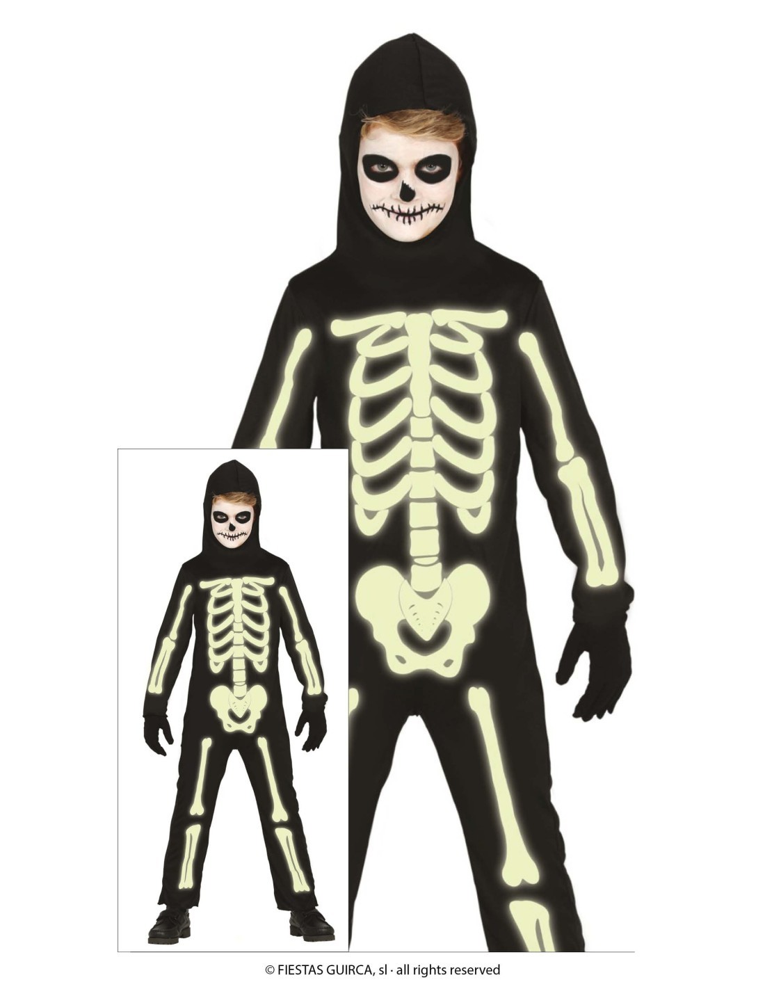 Costume Scheletro Luminoso al Buio, Taglia 7-9 Anni, Body e Cappuccio, Tema Halloween